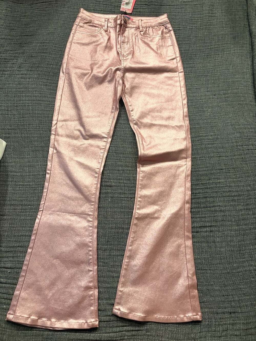 Edikted Luna Faux Leather Metallic Pink Flared Pants Style 1031